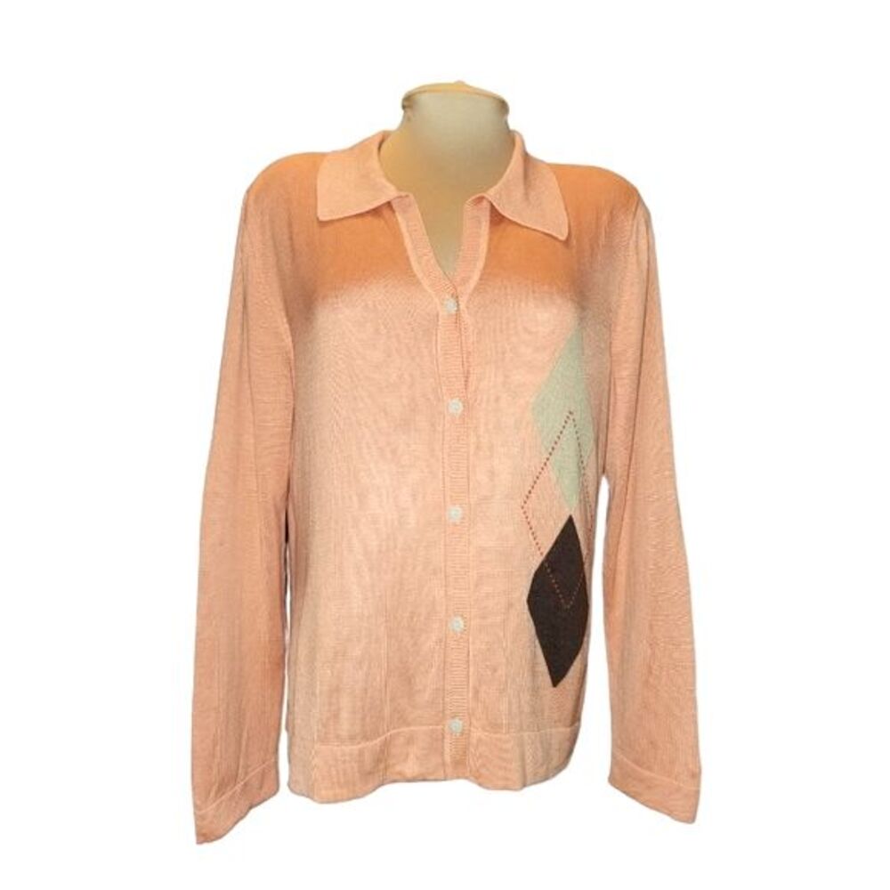 Lizgolf by Liz Claiborne Light Orange Argyle Silk Blend Cardigan‎ Sweater Size M